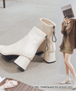 ショートブーツ | レディース 春秋ブーツ スクエアトゥ ブーツ チャンキーヒール 太ヒール 後ろファスナー 靴 通学通勤 シューズ 大人 黒ブーツ ミドルヒール