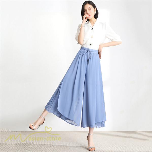 ワイドパンツ | キュロットスカート レディース 春夏新作 九分丈無地 ハイウエスト 体型カバーズボン 30代 40代 50代 ボトムス 通勤 着痩せ オシャレ