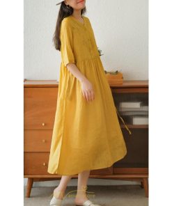 ミディアム | ワンピース レディース 夏新作 半袖 五分袖 ミモレ丈 刺繍 無地 Aラインワンピース ギャザー ゆったり Vネック ウエストリボン付き 調整可 40代 綿麻 30代