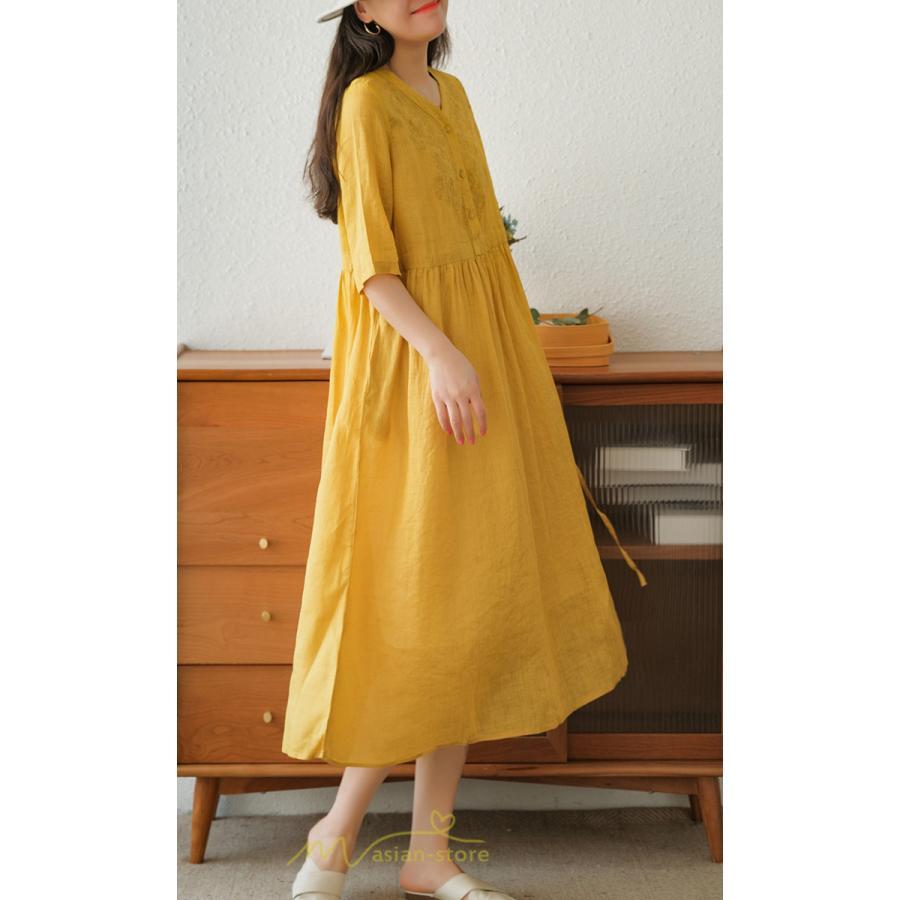 ミディアム | ワンピース レディース 夏新作 半袖 五分袖 ミモレ丈 刺繍 無地 Aラインワンピース ギャザー ゆったり Vネック ウエストリボン付き 調整可 40代 綿麻 30代