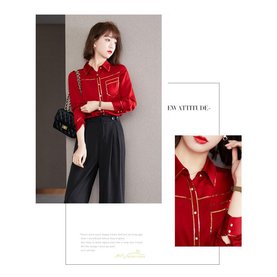 シャツ・ブラウス | ブラウス レディース シャツ トップス 赤 長袖シャツ 無地 オフィス カジュアル おしゃれ シフォン 通勤 通学 ナチュラル 可愛い 上品 オシャレ 秋服 キレイめ