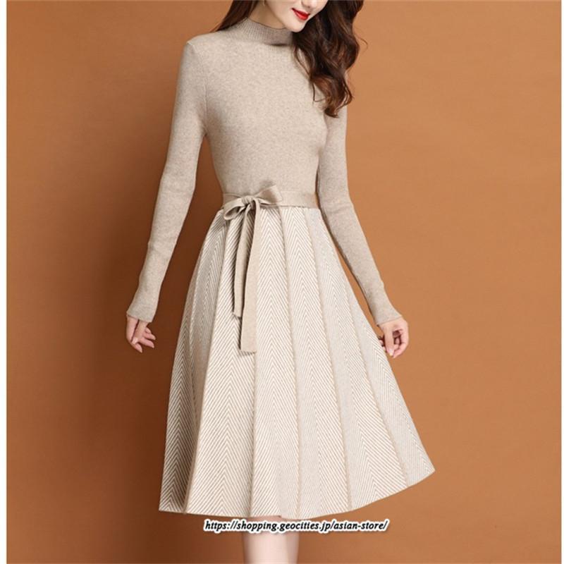 ミディアム | ニットワンピース レディース 秋冬 30代 40代 オシャレ 長袖 リボン Aラインプリーツスカート ニット 長袖 春 着痩せ 秋 冬 韓国風 OL通勤 二次会