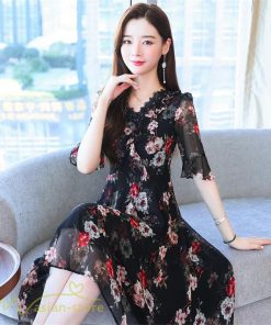 ミディアム | Aラインワンピース レディース 着痩せ 花柄 きれいめ おしゃれ 上品 20代 30代 40代 Vネック エレガント ワンピース 膝丈 上品 ミディアムワンピース サマー