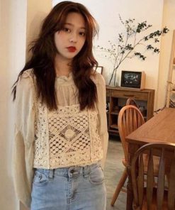 透かし編みトップス | タンクトップ スクエアネック ビスチェ