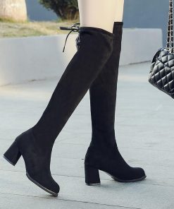 ロングブーツ | ストレッチニーハイブーツ レディース チャンキーヒール レースアップ スエードブーツ ミドルヒール 太ヒール 膝上丈 大きいサイズ 黒ブーツ