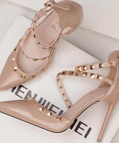 サンダル | レディース エレガント ハイヒール リベット ポインテッドトゥ ピンヒール アンクルストラップ シューズ 痛くない パンプス