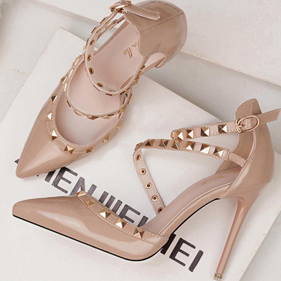 サンダル | レディース エレガント ハイヒール リベット ポインテッドトゥ ピンヒール アンクルストラップ シューズ 痛くない パンプス