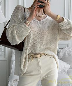 ニット・セーター | ニット サマーニット レディース トップス カットソー ニットソー Vネック 透かし編み 長袖 クルーネック Tシャツ ゆる 薄手 Tシャツ カジュアル リラックス