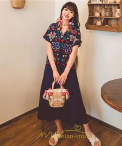 マキシ | ワンピース レディース リゾートワンピ かわいい 半袖 Ｖネック 刺繍 上品 Aライン ロング丈 ロング丈ワンピ エスニック風 結婚式 ファッション 二次会 卒業式