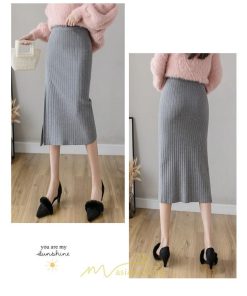 スカート | レディース ロング丈 ミモレ丈 冬 秋 暖か ボトムス ハイウエスト 美ライン スリット セクシー ニット イベント お出かけ デート お呼ばれ お食事会