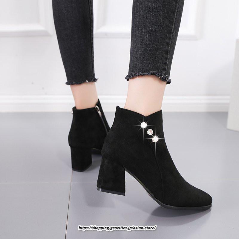 ブーツ | ショートブーティ レディース スエード調 太めヒール 靴 人工水晶 キラキラ オシャレ お出かけ デート キレイめ 通勤 20代30代40代50代