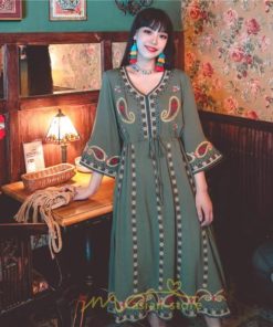 マキシ | 七分袖ワンピース Vネック ロング丈ワンピース エスニック ボヘミアン レディース 夏秋 綿麻 きれいめ フォーマル キレイめ 上品 ゆったり 大人 体型カバー