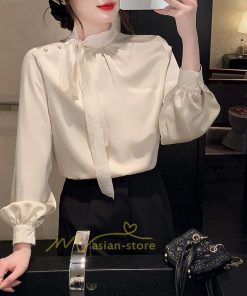 シャツ・ブラウス | ブラウス リボン リボンタイ バルーン袖 バルーンスリーブ シャツ 無地 長袖シャツ ファッション カジュアル エレガント 細身 OL オシャレ 通勤 新作 優雅 上品