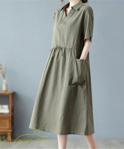 マキシ | ワンピース ゆるワンピース 無地 シャツワンピース ネック 麻混 ひざ丈 ウエスト紐 カジュアル ポケット 体型カバー ゆったり 30代 50代 夏物 40代 シンプル