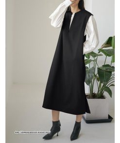マキシ | ベストワンピース ラシャベスト ラシャワンピース ロング丈 ノースリーブ 袖なし レディース ロングベスト ワンピース 無地 大人 ラシャ スリット ポケット