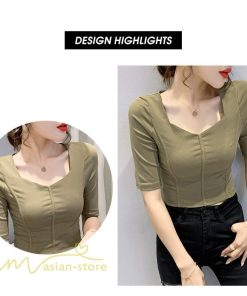 ｔシャツ・カットソー | Tシャツ Tシャツ レディース カットソー 着痩せ 5分袖 着回し 人気 スクエアネック ストレッチ 無地 ショート丈 細身 カジュアルトップス 着痩せ サマー きれい