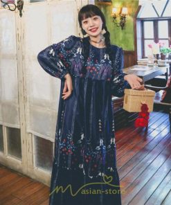 マキシ | ロングワンピース レディース  夏 秋 リゾート ルームワンピース 長袖 ゆったり ロング丈 旅行用 バブルスリーブ かわいい 後ボタン付き レトロ風 丸首