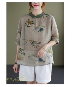 ｔシャツ・カットソー | Tシャツ Tシャツ プリント カジュアル 麻綿 リネン シャツ トップス サマーシャツ 襟付き カジュアル 大きいサイズ 夏コーデ 5分袖 麻綿 トレンド レディース