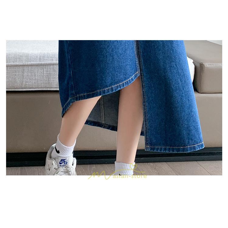 スカート | バッグゴムデニムロング秋冬 ミモレ丈 秋物 レディース 不規則裾 フロントスリット Aライン大きいサイズあり デニム スカート 6XL