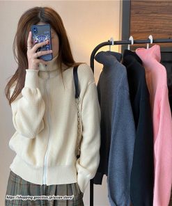 カーディガン | ニットレディース トップス リブニット ジップアップ ハイネック 羽織り 長袖 カーディガン ジャケット ライトアウター ニット セーター