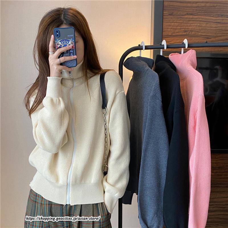 カーディガン | ニットレディース トップス リブニット ジップアップ ハイネック 羽織り 長袖 カーディガン ジャケット ライトアウター ニット セーター