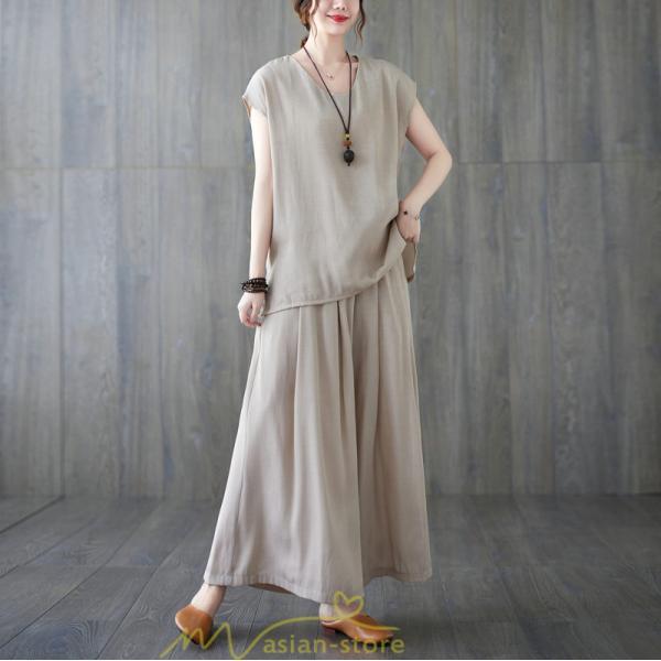 セットアップ | レディース 夏服 Tシャツ ワイドパンツ ガウチョパンツ カジュアル 無地 冷感 涼感 ブラウス トップス 30代40代 2点セット ゴム パンツ 半袖