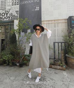 マキシ | ニットベストワンピース レディース 40代 秋冬 ワンピース Vネック ニットロングベスト ニットワンピース ゆったり ひざ下 オシャレ 韓国風 無地カジュアル