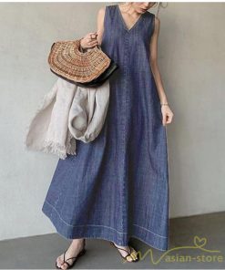 マキシ | ワンピース ノースリーブ デニムワンピース ロングワンピース マキシ丈 Vネック Aラインワンピース 無地 ゆったり 広い裾 夏ワンピ 30代40代50代 大人