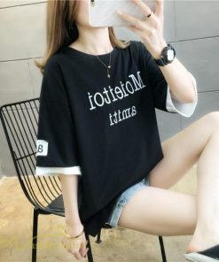 ｔシャツ・カットソー | ワイドTシャツ レディース ロング丈 5分袖 刺繍 韓国風 重ね着風 丸首 Tシャツ トップス 着痩せ 細身 カジュアル 人気 日常 上品 2021 アウトドア 夏新作 薄手