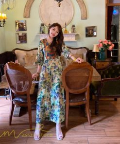 マキシ | ロングワンピース 五分袖 夏ワンピース 秋新作 Aラインワンピース マキシワンピース 刺繍 花柄 プリント 切り替え 旅行 30代40代 ワンピース ダンス 舞台 可愛い