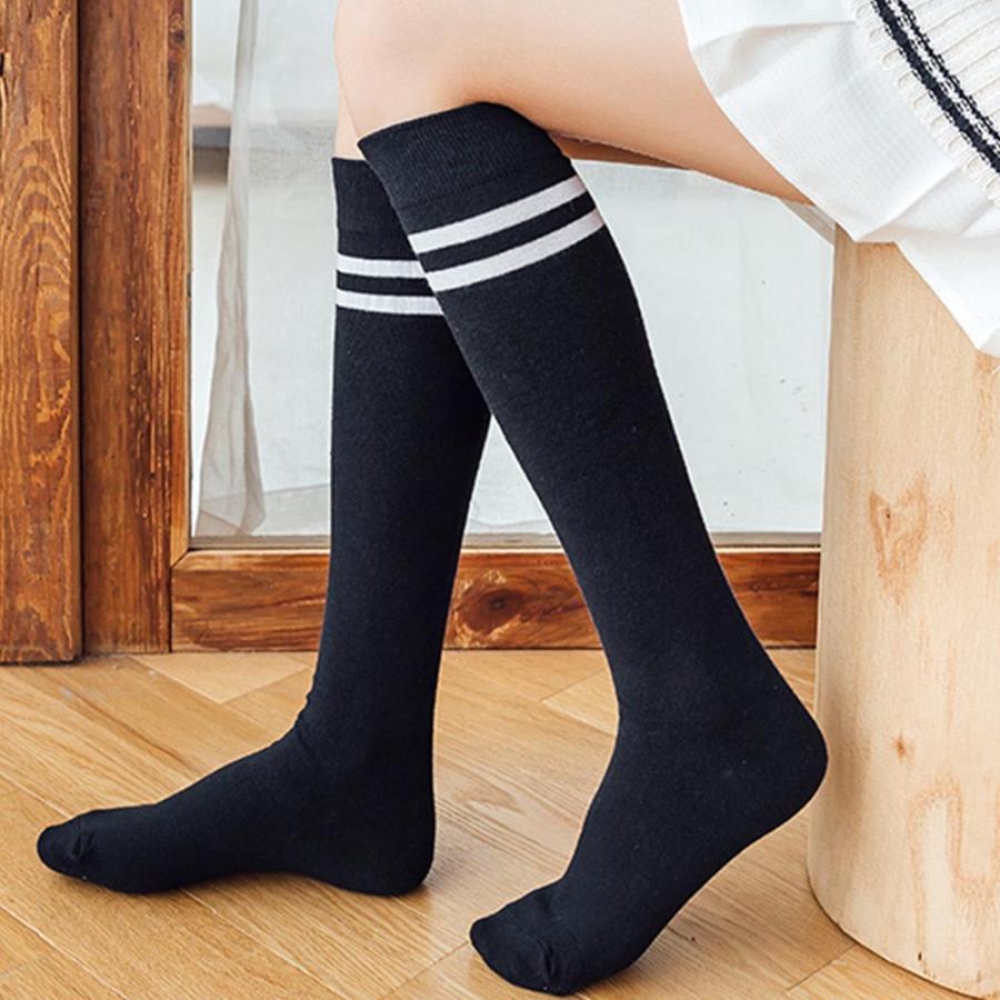 ストール | レディース 2本ライン 通学 ボーダー 靴下 無地 ロングソックス 靴下 綿 ハイソックス