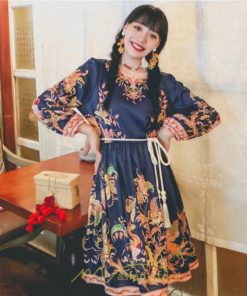 ミニ丈 | ワンピース ひざ丈 膝上 白 青 レトロ風 花柄 かわいい 着映え 着痩せ 長袖 ゆったり 大人っぽ 普段使い 旅行 きれいめ リゾート お出かけ 部屋着  SNS映え