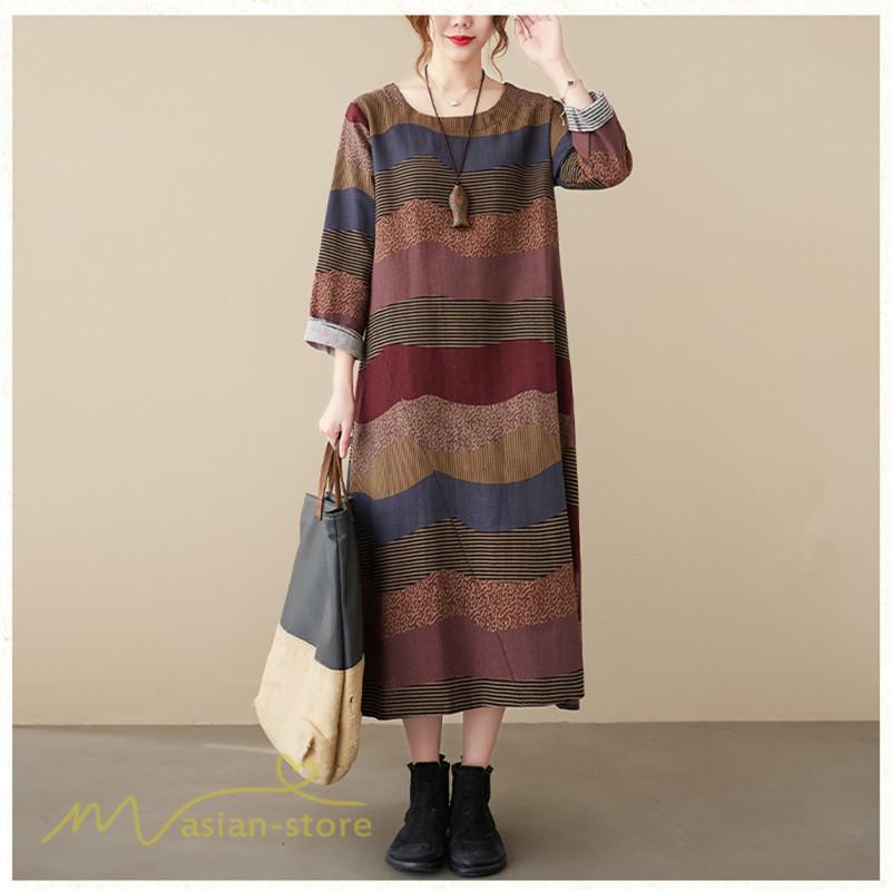 マキシ | ワンピース ロング丈 レディース シンプル 長袖ワンピース Aライン 秋コーデ カジュアル 丸首 40代 体型カバー ゆるワンピース 大きいサイズ ゆったり 50代