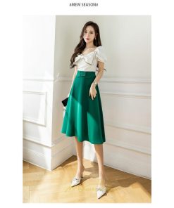 スカート | 無地 膝下 ひざ下 黒 緑 ベージュ ハイウエスト レディース Aライン 着痩せ 脚長効果 通勤 就活 日常 上品 OL エレガント オフィス ビジネス