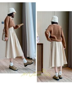 スカート | コーデュロイ台形秋冬 Aライン バッグゴム サイドポケット リブ 広い裾幅 通学通勤 オフィス ミモレ丈 可愛い ロング丈 低身長