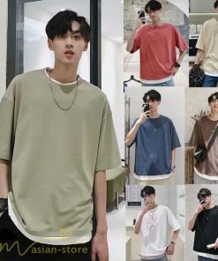 Tシャツ | メンズ 夏物 半袖 五分袖 フェイク レイヤード 重ね着 無地 おしゃれ プルオーバー オーバーサイズ しっかり ロングｔ 男 20代 カジュアル 30代