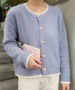 ニット・セーター | アウター Uネック パールボタン付き レディース 無地 ニットカーディガン 長袖 ショートニット ニットトップス