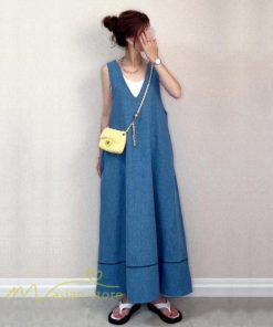 マキシ | ロングワンピース ノースリーブ 夏物 デニムワンピース マキシワンピース Aラインワンピース Vネック 薄手 無地 可愛い Denim 大人 20代30代40代 ゆったり