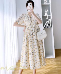 ワンピース | マタニティレディース 着痩せ 小花柄 Vネック マタニティ Aライン 夏新作 ひざ丈 韓国風 半袖 カジュアル 妊婦服 マタニティウェア