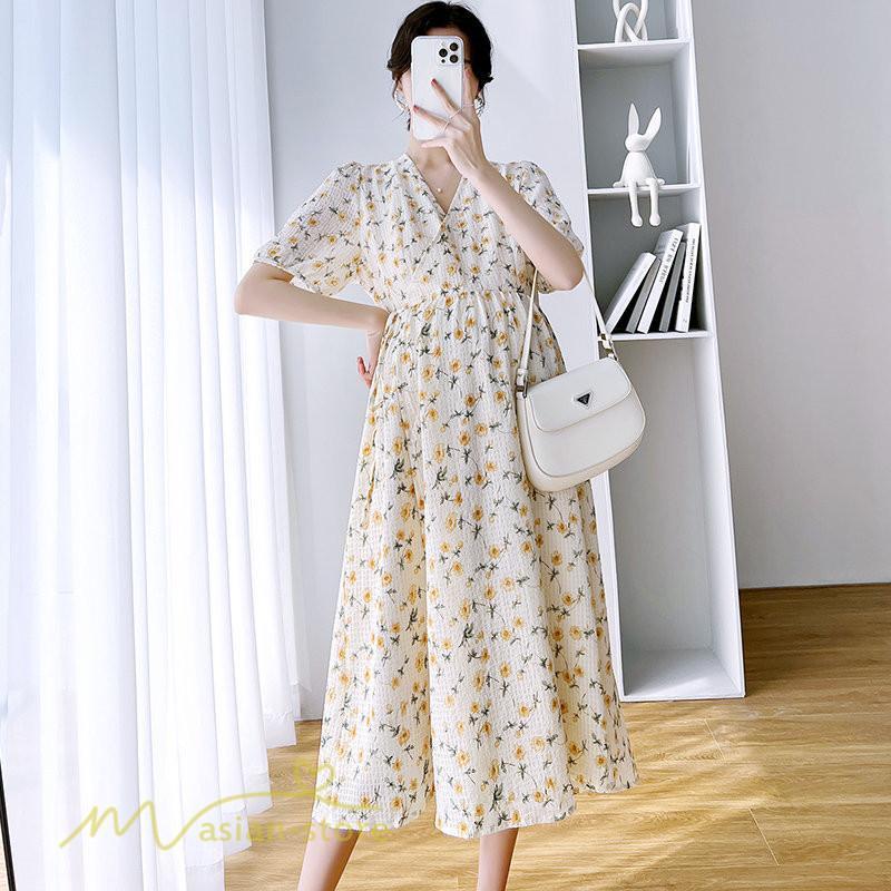 ワンピース | マタニティレディース 着痩せ 小花柄 Vネック マタニティ Aライン 夏新作 ひざ丈 韓国風 半袖 カジュアル 妊婦服 マタニティウェア