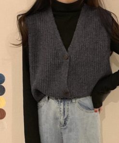 ニット・セーター | ジレ 開襟セーター ニットトップス おしゃれ Vネック 秋冬 ノースリーブ ニットベスト 袖なし 重ね着 レディース