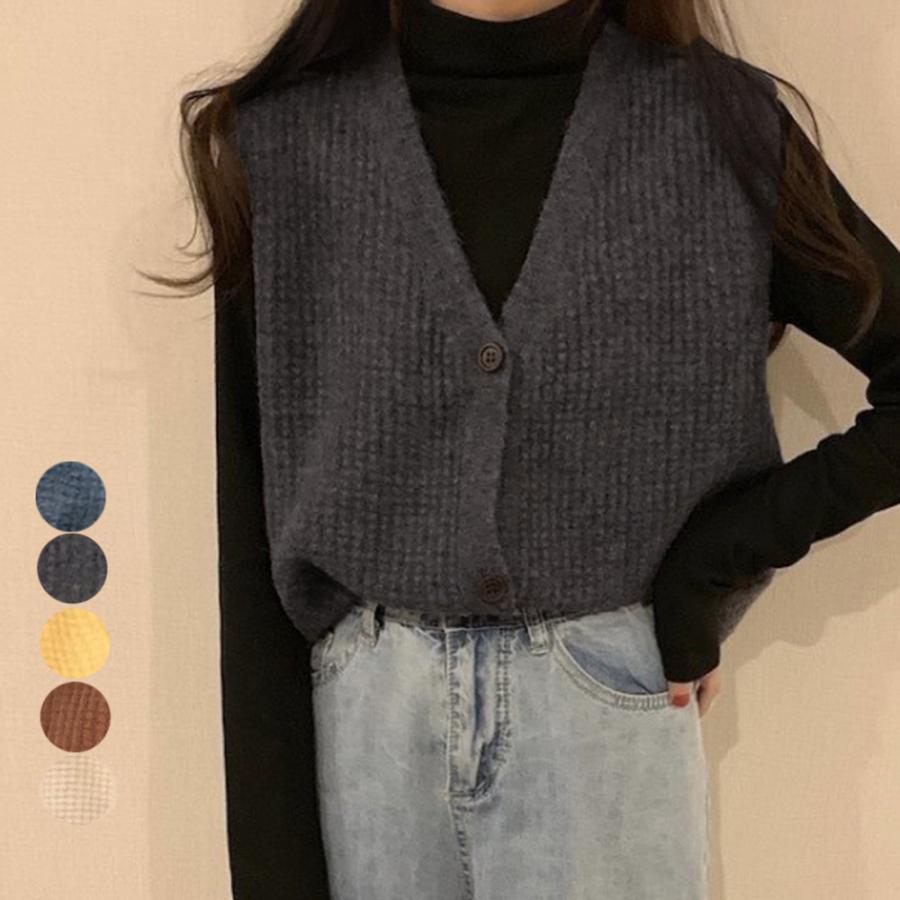 ニット・セーター | ジレ 開襟セーター ニットトップス おしゃれ Vネック 秋冬 ノースリーブ ニットベスト 袖なし 重ね着 レディース