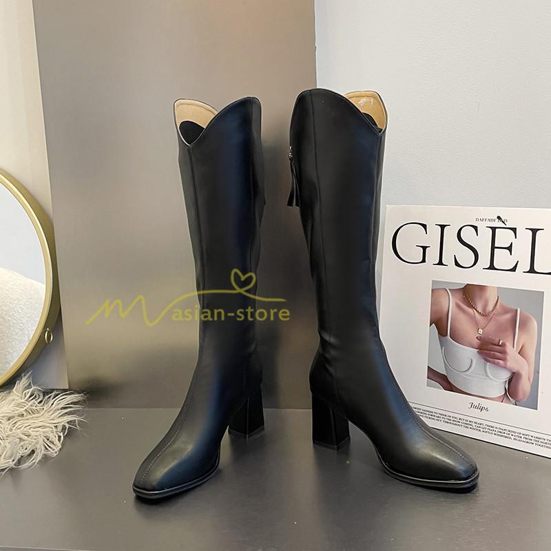 ロングブーツ | レディース ブーツ 秋冬 シューズ 靴 太ヒール チャンキーヒール 合皮ブーツ PUブーツ ロング靴 後ろファスナー COS くつ 大人 コスプレ