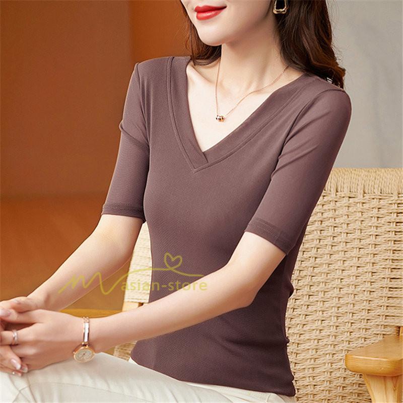 tシャツ・カットソー | Tシャツ レディース カジュアル Vネック おしゃれ 女性用 シンプル 無地 20代30代40代50代 カシュクール インナー フェミニン 上品 お出かけ 着痩せ カジュアル