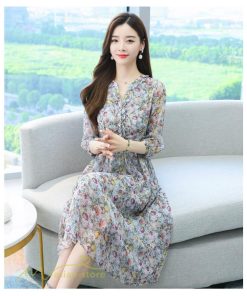 ミディアム | ワンピース 膝丈 花柄 きれいめ 5分袖 カジュアル Aラインスカート 上品 着痩せ ミディアムワンピース お出かけ シフォン 日常感 通気性 大人 エレガント