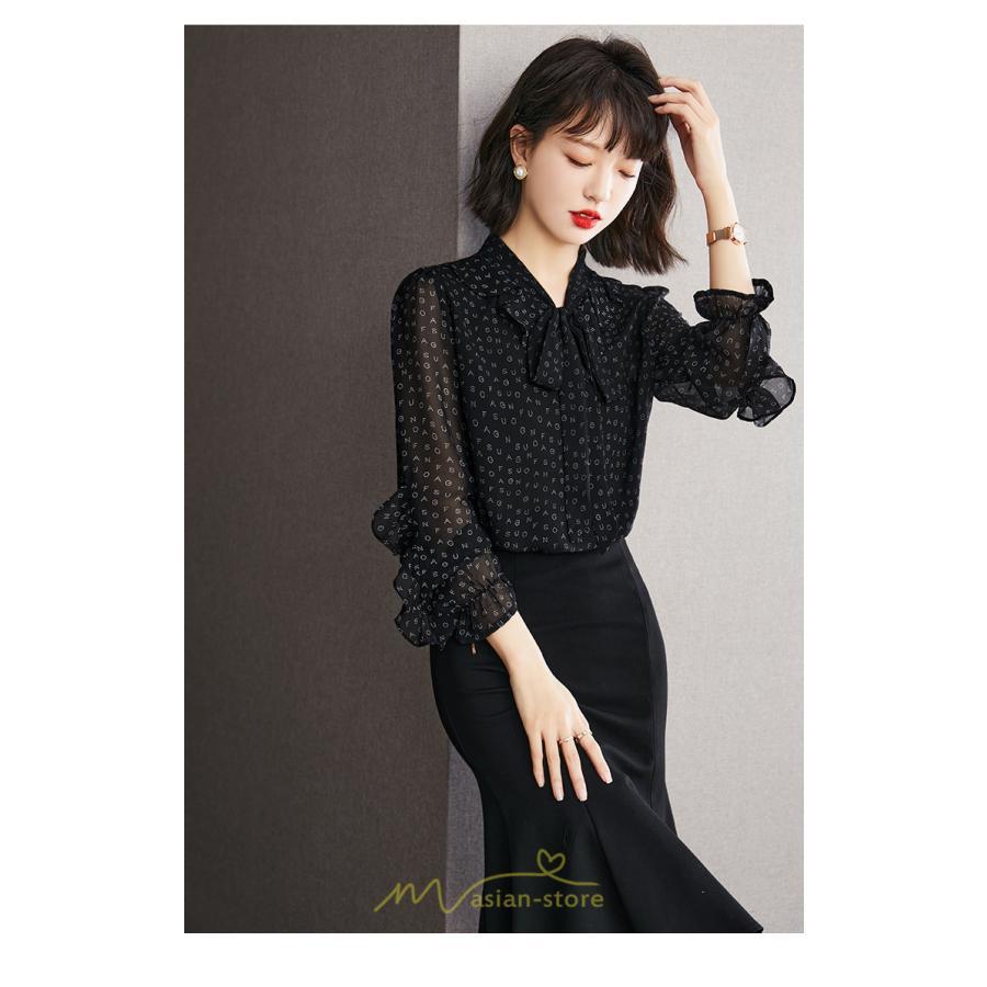 シャツ・ブラウス | ブラウス レディース トップス シャツ シフォン 長袖 黒 アルファベット 20代 30代 40代 通勤 ナチュラル 楽チン カジュアル カジュアル おしゃれ