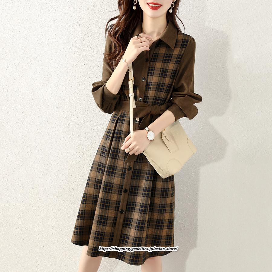 ミディアム | ワンピース レディース 40代 きれいめ シャツワンピース 秋服 長袖ワンピース チェック柄 リボンスカート オシャレ 大人 カジュアル 体型カバー 30代 50代