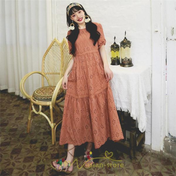 マキシ | ワンピース 夏 レース 半袖 ロングワンピ ワンピ ロング丈ワンピース ロングワンピース 無地 可愛い ナチュラル きれいめ 外出 大人 お出かけ かわいい 着痩せ