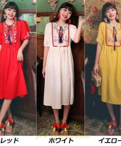 マキシ | ワンピース レディース 刺繍 綿麻 レトロ調 インスタ映え ナチュラル エスニック風 民族風 ボヘミアン 柔らかい SNS映え リゾート 赤 黄色 撮影 白