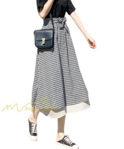 スカート | フレアロングレデイース リネンウエストゴム 綿麻混 マキシマキシ リゾート チェック柄 体型カバー